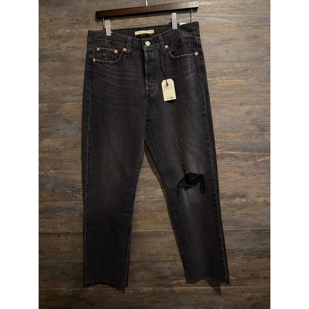 Levis Wedgie Straight Jeans Womens 29x28 Black Distressed High Rise Button Fly